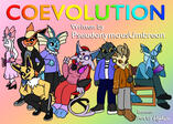 A banner for CoEvolution, written by PseudonymousUmbreon, banner art by Hyder. From left to right, an anthro Sylveon in a pink dress appearing nervous; an anthro Flareon in a leather jacket scratching the back of their head; an anthro Jolteon in track pant